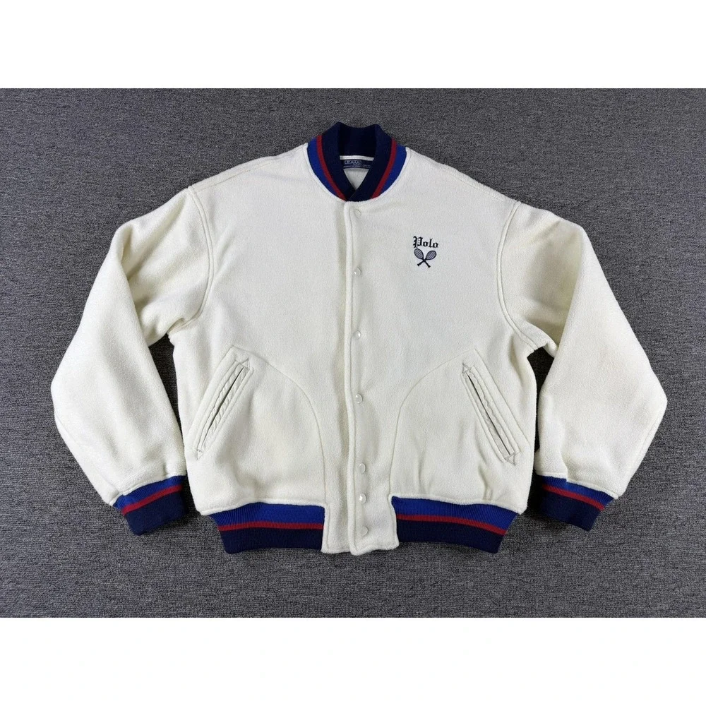 Vintage‎ Polo Ralph Lauren Jacket Mens Medium White Fleece Varsity Tennis USA